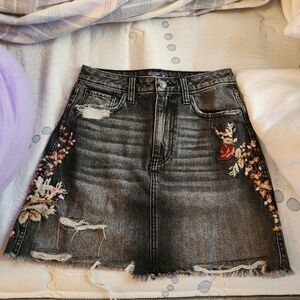 Floral Embroidered Distressed Denim Skirt
